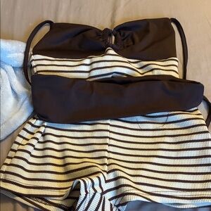 SHEIN Brown and Cream Striped Knit Women's Shorts Set